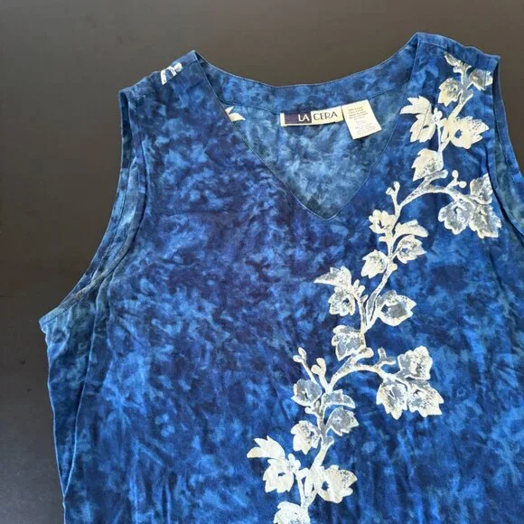 La Cera Blue Floral Rayon Sleeveless Dress Size S Boho Summer Midi - Picture 8 of 8